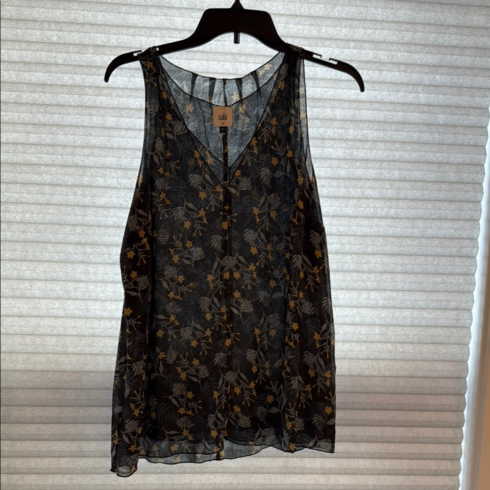 CAbi Dark Blue Sleeveless Tank Top with Floral Design